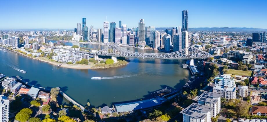 Aerial view of Brisbane city blue sky