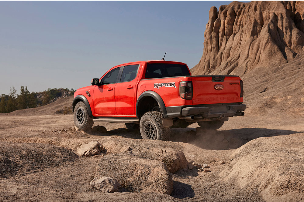 Ford Ranger Raptor over bumpy ground.