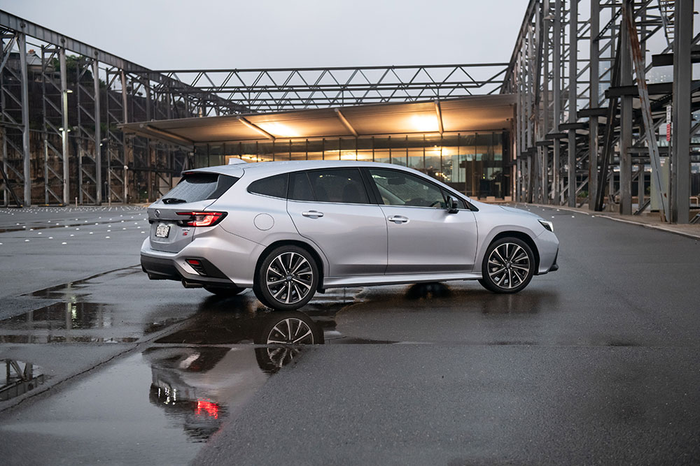 Subaru WRX Sportswagon AWD tS rear side view.