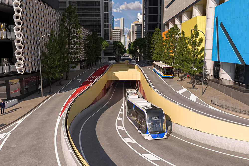 A Brisbane Metro bus leaves the Adelaide St tunnel.