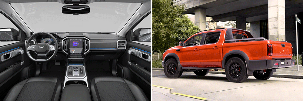 Interior and side views of JAC Hunter PHEV ute.