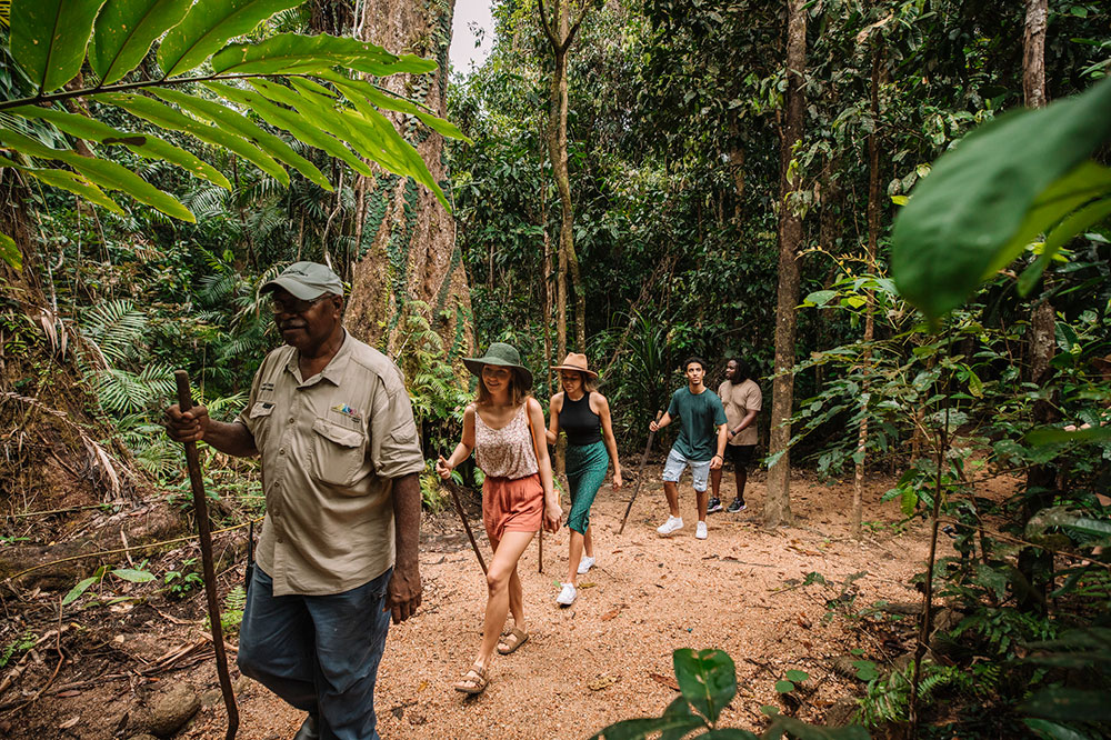 A guide takes visitors to the Mossman Gorge on a rainforest walk.