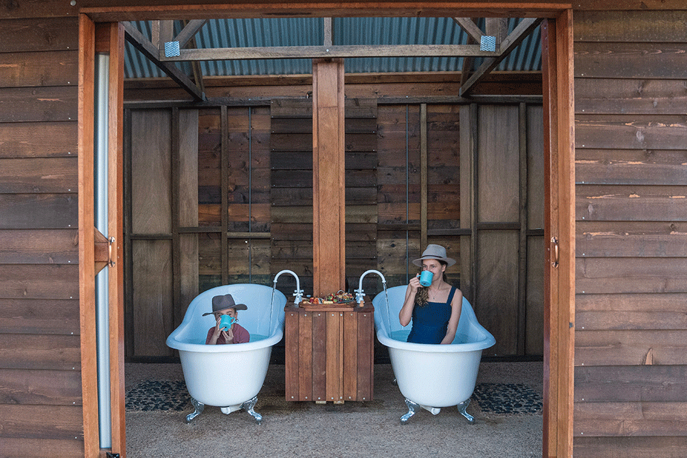 Relaxing at the Julia Creek bathhouse.