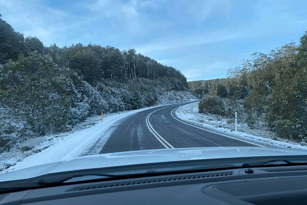 A snow-lined road in Tasmania.