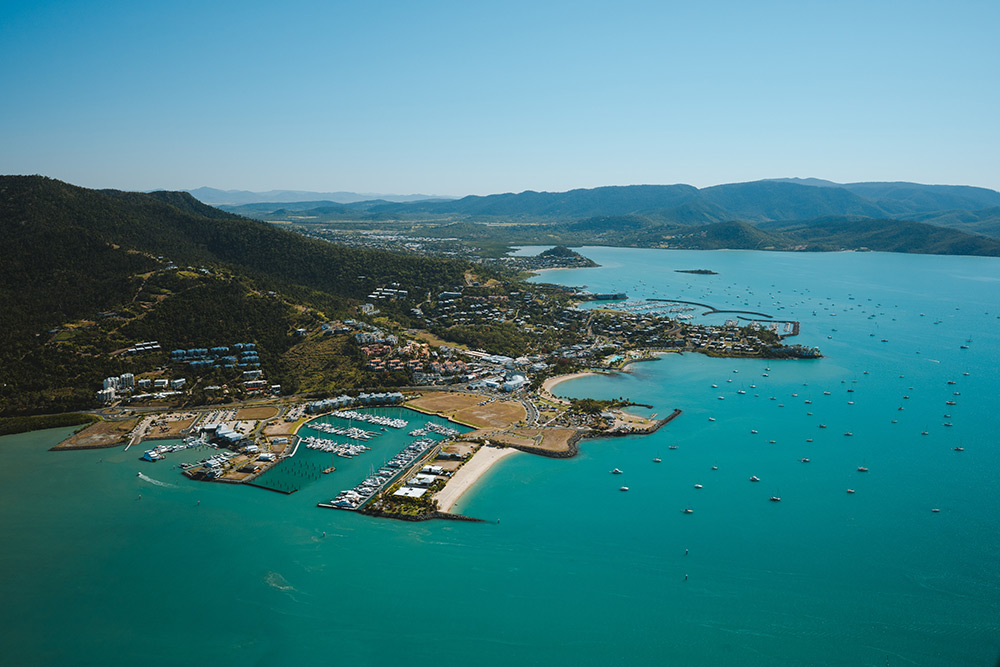 An aerial view of Airlie Beach in the Whitsundays.