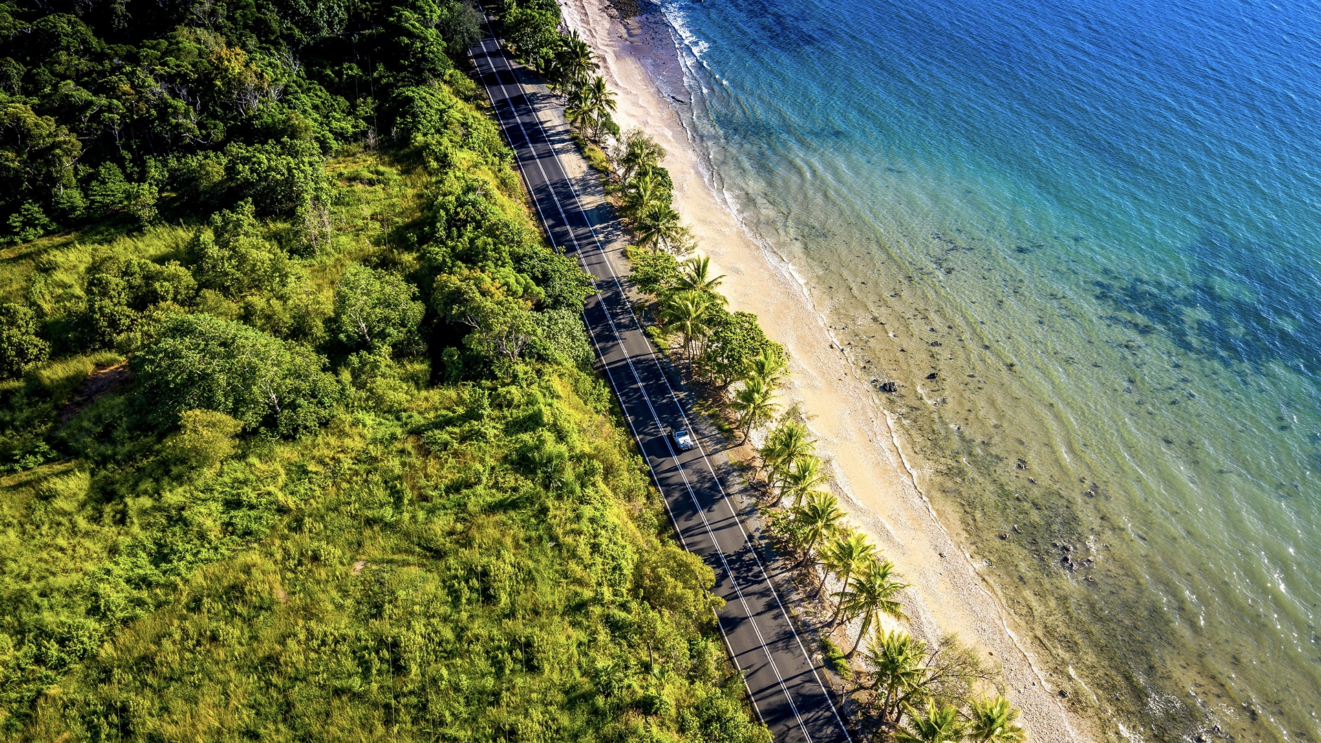 Aerial view of a tropical coastal road beside a beach and ocean.
