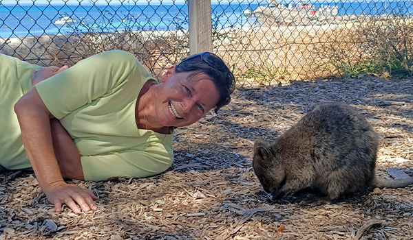 May gets friendly with a quokka at Rottnest Island