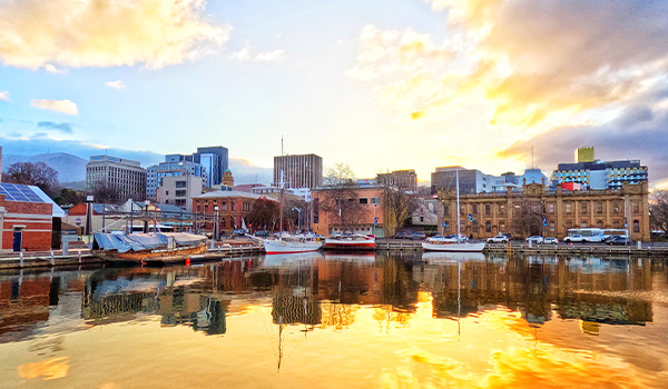 Sunset over Hobart harbour in Tasmania